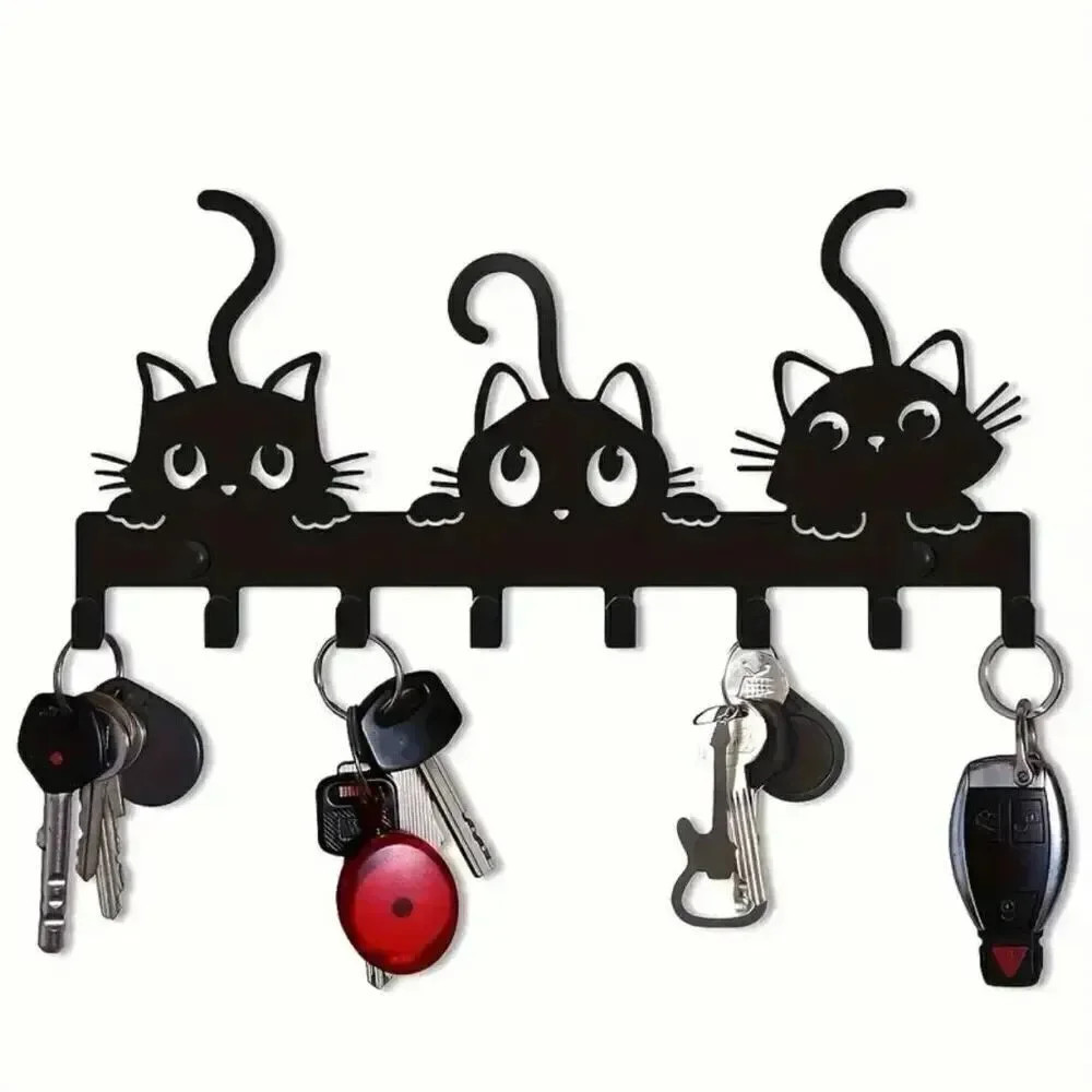 NWT Gorgeous 3 Black Cats Hanger Metalic 8 Hooks Wall Mount Key Holder Organizer